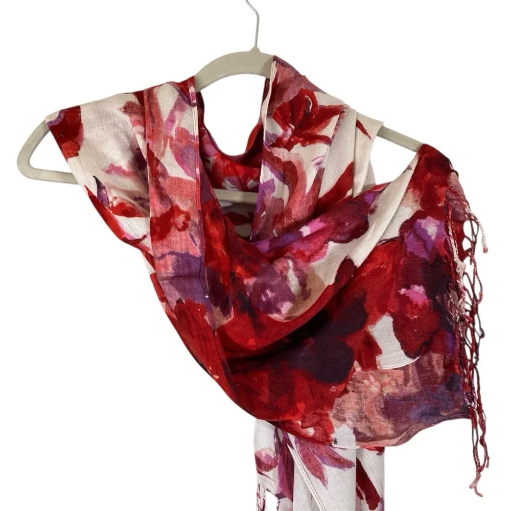 SCARF Red Purple Floral Watercolor Lightweight Woven With Fringe